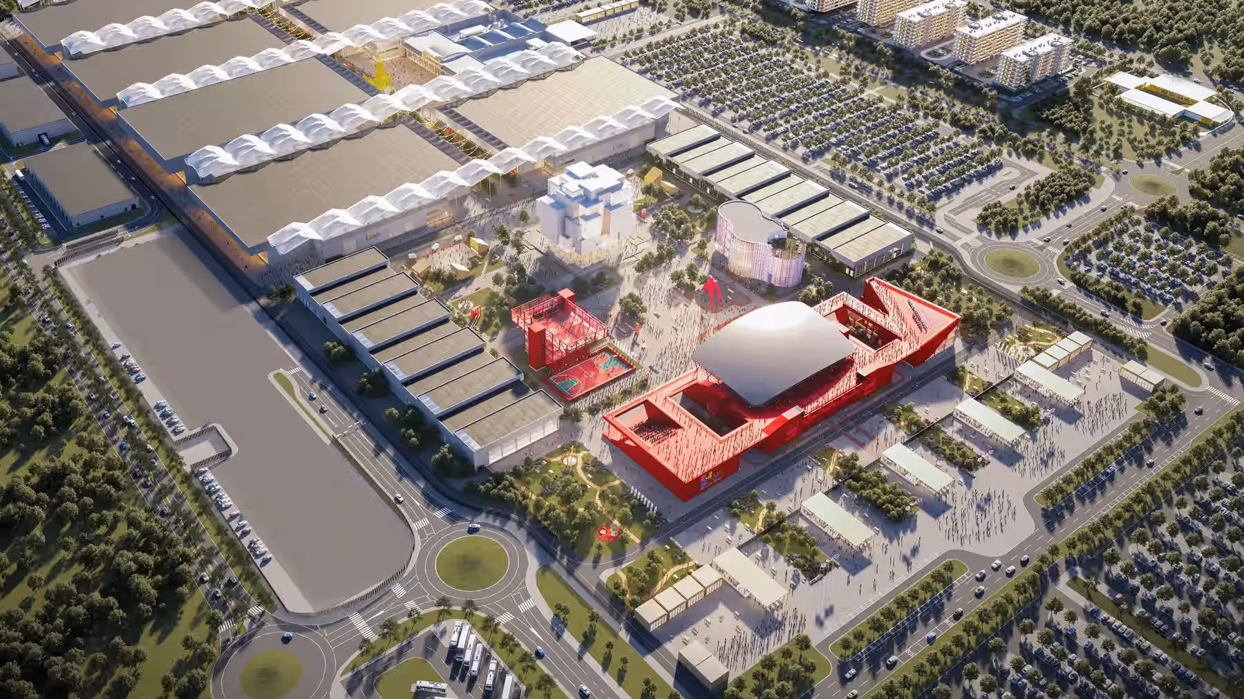 Aerial rendering of the Expo 2027 Belgrade site with its red pavilion